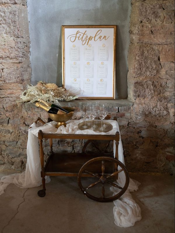 Hochzeitskathi - Sitzplan gold mit Sektempfang