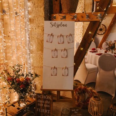 Hochzeitskathi - Leihartikel Dekoration - Sitzplan weiß/god