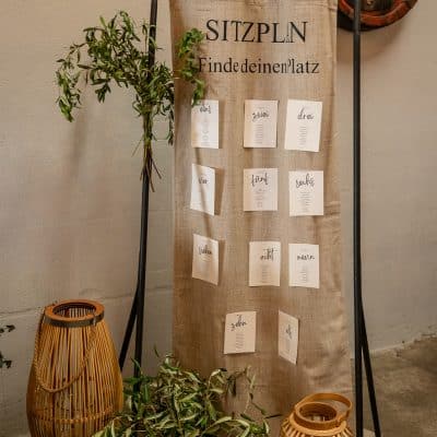 Hochzeitskathi - Leihartikel Dekoration - Willkommensschild und Sitzplan mediterran