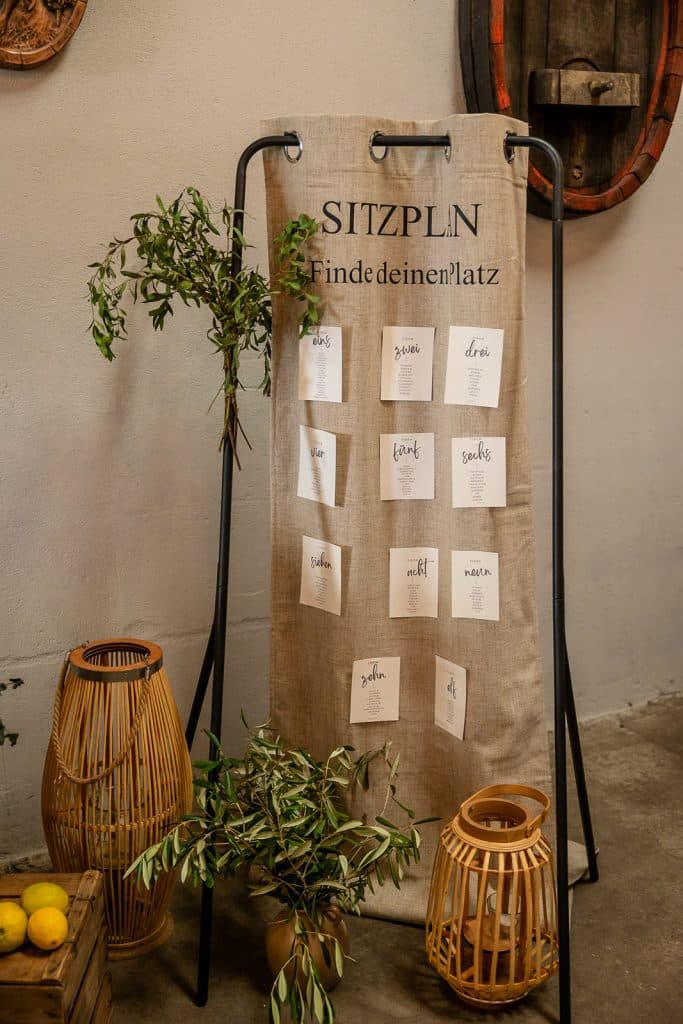 Hochzeitskathi - Leihartikel Dekoration - Willkommensschild und Sitzplan mediterran